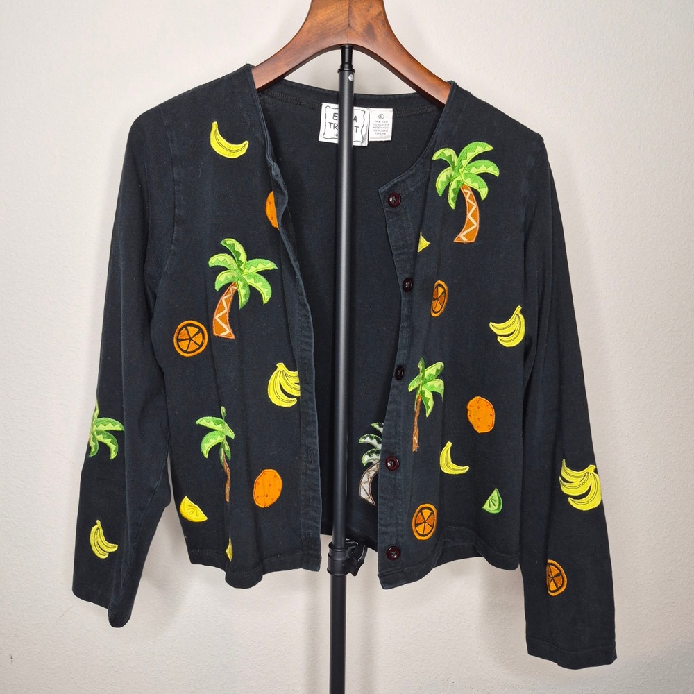 Emma Tricot Vintage 90s Cotton Embroidered Tropical Palm Tree Cardigan Black L
